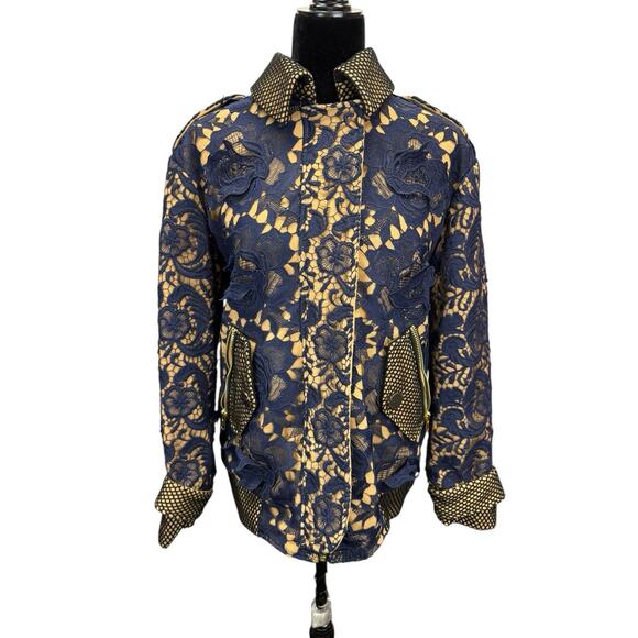 Self Portrait Navy Lace Embroidered Jacket US 8 | 3D Floral Textured Coat - Picture 4 of 12